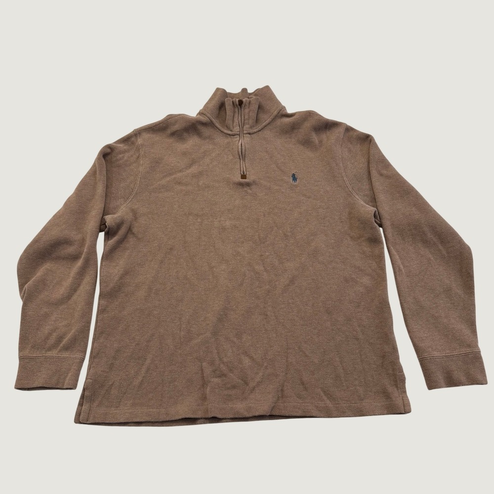 Polo Ralph Lauren Mens Large Brown Thermal Knit Quarter Zip Pullover Sweater
